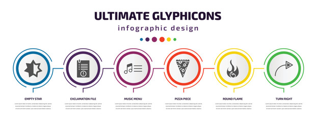 Poster - ultimate glyphicons infographic element with filled icons and 6 step or option. ultimate glyphicons icons such as empty star, exclamation file, music menu, pizza piece, round flame, turn right