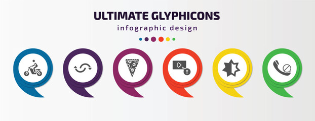 Poster - ultimate glyphicons infographic element with filled icons and 6 step or option. ultimate glyphicons icons such as man on motorbike, reload circular arrow, pizza piece, video comment, empty star,