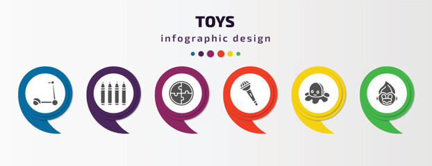 Poster - toys infographic element with filled icons and 6 step or option. toys icons such as scooter toy, crayons toy, puzzle toy, microphone octopus troll vector. can be used for banner, info graph, web.
