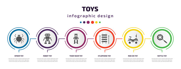 Poster - toys infographic element with filled icons and 6 step or option. toys icons such as spider toy, robot toy, teddy bear toy, xylophone ride on rattle vector. can be used for banner, info graph, web.
