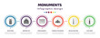 monuments infographic element with filled icons and 6 step or option. monuments icons such as belem tower, monument site, segovia aqueduct, pyramid of the magician, obelisk of bue aires, clock tower