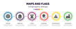 maps and flags infographic element with filled icons and 6 step or option. maps and flags icons such as earth gobe, smoking place, las vegas, location mark, right reverse curve, map localization