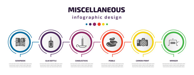 Poster - miscellaneous infographic element with filled icons and 6 step or option. miscellaneous icons such as scrapbook, glue bottle, candlesticks, pebble, camera front, wringer vector. can be used for