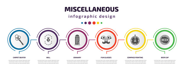 Wall Mural - miscellaneous infographic element with filled icons and 6 step or option. miscellaneous icons such as carpet beater, will, granary, fun glasses, compass pointing north, beer cap vector. can be used