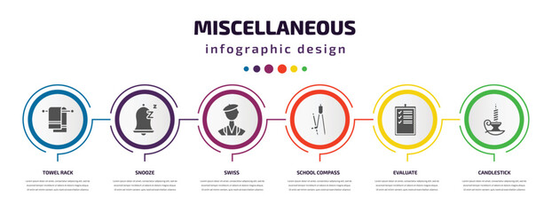 Wall Mural - miscellaneous infographic element with filled icons and 6 step or option. miscellaneous icons such as towel rack, snooze, swiss, school compass, evaluate, candlestick vector. can be used for banner,