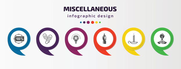 Wall Mural - miscellaneous infographic element with filled icons and 6 step or option. miscellaneous icons such as 100 percent, paperclip attachment, thinking solutions, detergen, candlesticks, german vector.