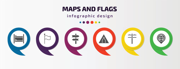 Poster - maps and flags infographic element with filled icons and 6 step or option. maps and flags icons such as dormitory, plain flag, vintage, narrow two lanes, pole, taxi stop vector. can be used for