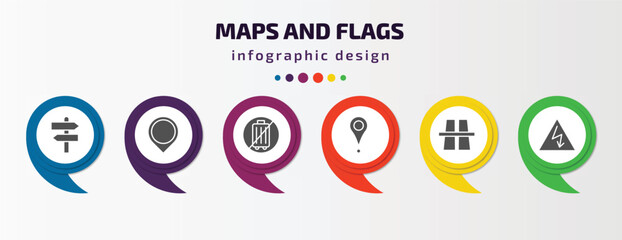 Poster - maps and flags infographic element with filled icons and 6 step or option. maps and flags icons such as divarication, location marker, no luggage, placeholder point, flyover bridge, electrocutation