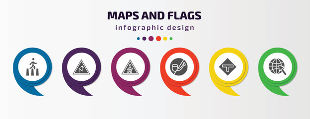 Poster - maps and flags infographic element with filled icons and 6 step or option. maps and flags icons such as crossing road caution, right reverse curve, crossing zone, no smoking pipe, t road