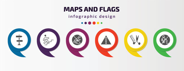 Poster - maps and flags infographic element with filled icons and 6 step or option. maps and flags icons such as vintage, walking up stair, no skiing, caution, women hairstylist, no littering vector. can be