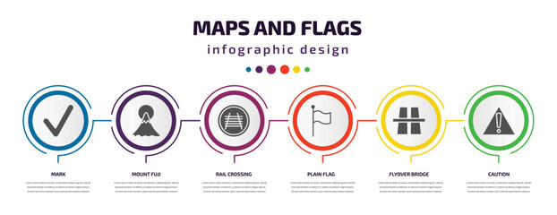 Poster - maps and flags infographic element with filled icons and 6 step or option. maps and flags icons such as mark, mount fuji, rail crossing, plain flag, flyover bridge, caution vector. can be used for