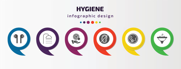 Wall Mural - hygiene infographic element with filled icons and 6 step or option. hygiene icons such as ear buds, douche, sanitary, antibacterial, pathogen, washbasin vector. can be used for banner, info graph,