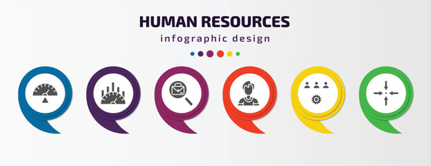 Poster - human resources infographic element with filled icons and 6 step or option. human resources icons such as balanced scorecard, benchmarking, job, man, onboarding, meeting point vector. can be used