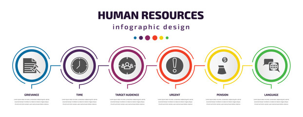 Poster - human resources infographic element with filled icons and 6 step or option. human resources icons such as grievance, time, target audience, urgent, pension, language vector. can be used for banner,