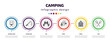 camping infographic element with filled icons and 6 step or option. camping icons such as folding chair, fishing rod, gas, trees, lodge, oar vector. can be used for banner, info graph, web.
