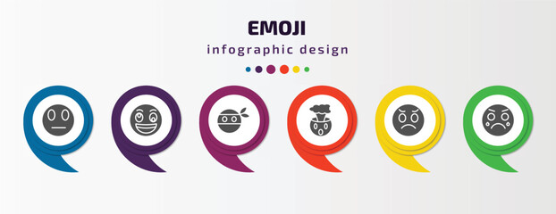 Poster - emoji infographic element with filled icons and 6 step or option. emoji icons such as suspicious emoji, weird ninja exploding head dissapointment cry vector. can be used for banner, info graph, web.