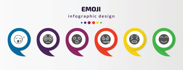 Poster - emoji infographic element with filled icons and 6 step or option. emoji icons such as sleep emoji, embarrassed surprised -mouth stress blushing vector. can be used for banner, info graph, web.