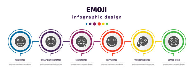 Poster - emoji infographic element with filled icons and 6 step or option. emoji icons such as wink emoji, dissapointment secret happy wondering scared vector. can be used for banner, info graph, web.