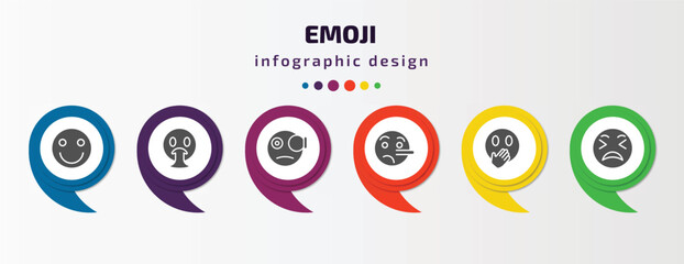 Aufkleber - emoji infographic element with filled icons and 6 step or option. emoji icons such as happy emoji, vomit monocle lying hand over mouth exhausted vector. can be used for banner, info graph, web.