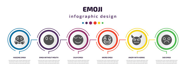 Aufkleber - emoji infographic element with filled icons and 6 step or option. emoji icons such as hugging emoji, without mouth, calm weird angry with horns sad vector. can be used for banner, info graph, web.