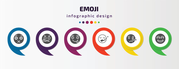 Aufkleber - emoji infographic element with filled icons and 6 step or option. emoji icons such as silent emoji, disappointed tongue out sleeping liar drool vector. can be used for banner, info graph, web.