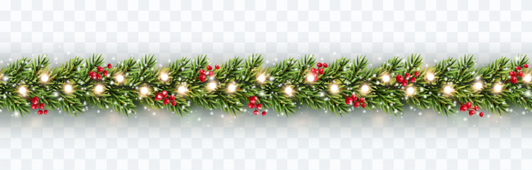 Wall Mural - Border with green fir branches, red berries, snow, lights isolated on transparent background. Pine, xmas evergreen plants seamless banner. Vector Christmas tree garland decoration