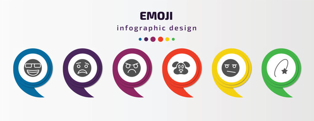 Aufkleber - emoji infographic element with filled icons and 6 step or option. emoji icons such as nerd emoji, scared pouting dog bored dizzy vector. can be used for banner, info graph, web.