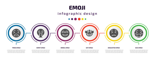 Aufkleber - emoji infographic element with filled icons and 6 step or option. emoji icons such as tired emoji, vomit drool shy disgusted sick vector. can be used for banner, info graph, web.