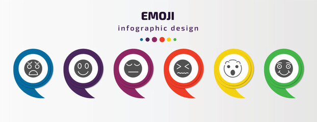 Poster - emoji infographic element with filled icons and 6 step or option. emoji icons such as anguished emoji, pensive desperate surprise smile vector. can be used for banner, info graph, web.
