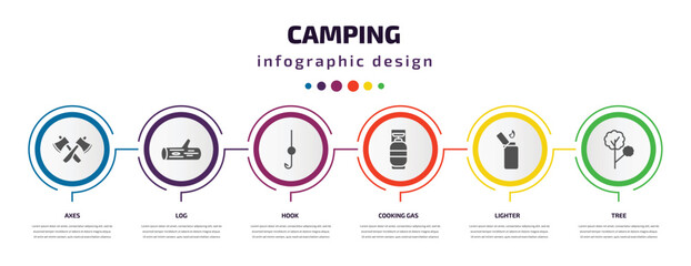 Poster - camping infographic element with filled icons and 6 step or option. camping icons such as axes, log, hook, cooking gas, lighter, tree vector. can be used for banner, info graph, web.