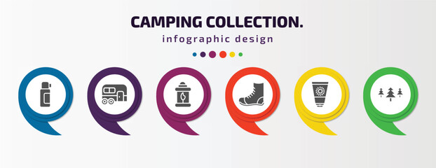Poster - camping collection. infographic element with filled icons and 6 step or option. camping collection. icons such as thermo, caravan, fire lamp, boot, sun lotion, pines vector. can be used for banner,