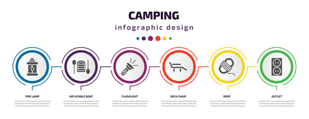 Poster - camping infographic element with filled icons and 6 step or option. camping icons such as fire lamp, inflatable boat, flashlight, deck chair, rope, outlet vector. can be used for banner, info graph,