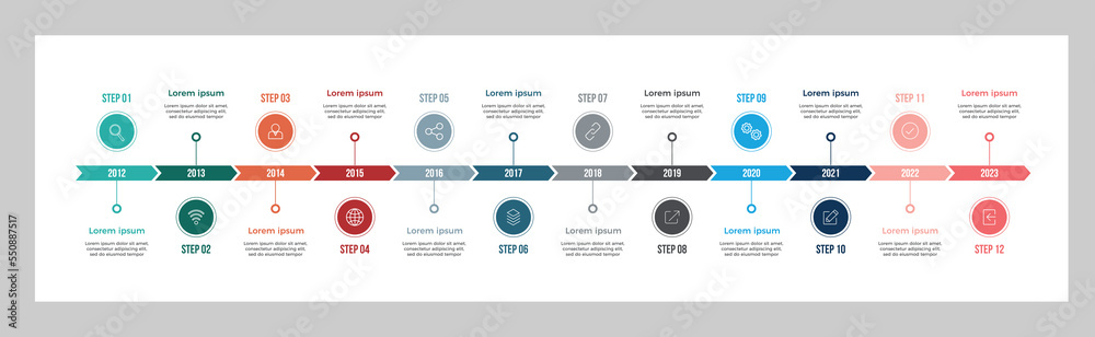Timeline business rounded infographic template with 12 options ...