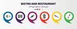 bistro and restaurant infographic element with filled icons and 6 step or option. bistro and restaurant icons such as pepperoni pizza, open menu, candy balls, jar full of food, big knife, manual