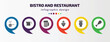 bistro and restaurant infographic element with filled icons and 6 step or option. bistro and restaurant icons such as boiling water pan, measurement jar, foamy beer jar, strawberry drawing,