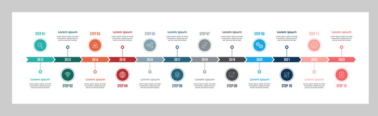 Timeline business rounded infographic template with 12 options. Colorful diagram, vector abstract element timeline infographics.
