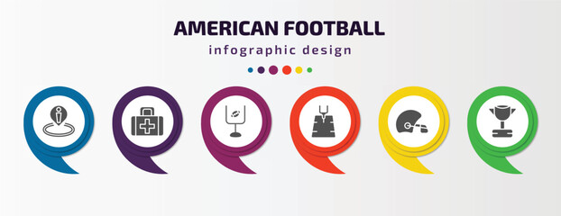 Poster - american football infographic element with filled icons and 6 step or option. american football icons such as position, first aid kit, american football goal, field, helmet, trophy vector. can be