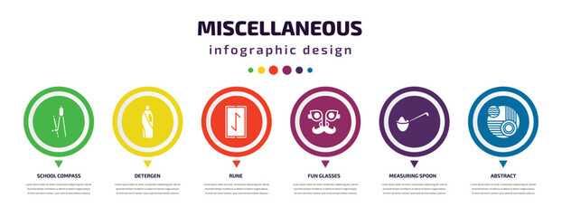 Wall Mural - miscellaneous infographic element with filled icons and 6 step or option. miscellaneous icons such as school compass, detergen, rune, fun glasses, measuring spoon, abstract vector. can be used for