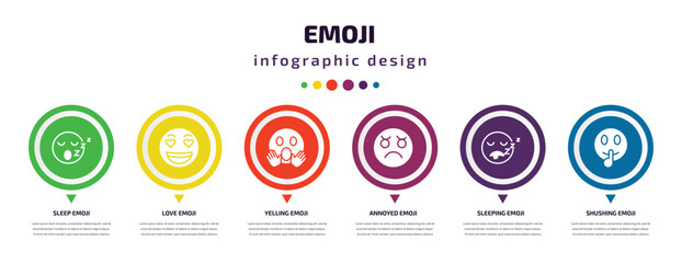 Aufkleber - emoji infographic element with filled icons and 6 step or option. emoji icons such as sleep emoji, love yelling annoyed sleeping shushing vector. can be used for banner, info graph, web.