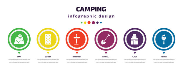 Wall Mural - camping infographic element with filled icons and 6 step or option. camping icons such as map, outlet, direction, shovel, flask, torch vector. can be used for banner, info graph, web.