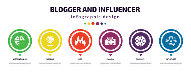Poster - blogger and influencer infographic element with filled icons and 6 step or option. blogger and influencer icons such as shopping online, webcam, fire, camera, film reel, influencer vector. can be