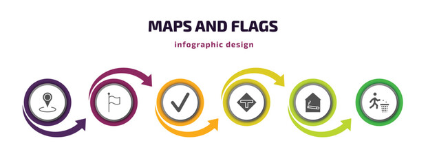 Poster - maps and flags infographic element with filled icons and 6 step or option. maps and flags icons such as locations, plain flag, mark, t road intersection, smoking place, use dust bin vector. can be