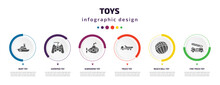 Toys Infographic Element With Filled Icons And 6 Step Or Option. Toys Icons Such As Boat Toy, Gamepad Toy, Submarine Toy, Truck Beach Ball Fire Truck Vector. Can Be Used For Banner, Info Graph, Web.