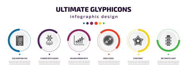 Poster - ultimate glyphicons infographic element with filled icons and 6 step or option. ultimate glyphicons icons such as exclamation file, flower with leaves, upload arrow with bar, circle sizes, star