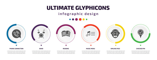 Poster - ultimate glyphicons infographic element with filled icons and 6 step or option. ultimate glyphicons icons such as phone connection, band, reading, music menu, smiling face, checked pin vector. can