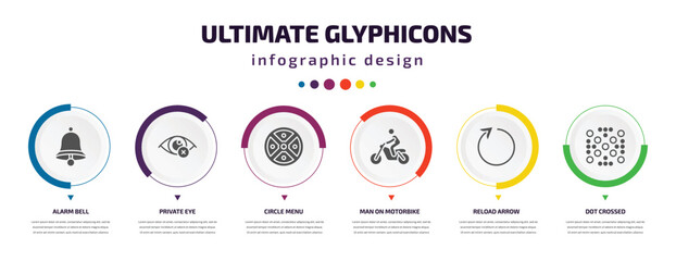 Poster - ultimate glyphicons infographic element with filled icons and 6 step or option. ultimate glyphicons icons such as alarm bell, private eye, circle menu, man on motorbike, reload arrow, dot crossed