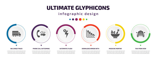 Poster - ultimate glyphicons infographic element with filled icons and 6 step or option. ultimate glyphicons icons such as big cargo truck, phone call outcoming, automatic flash, download arrow with bar,