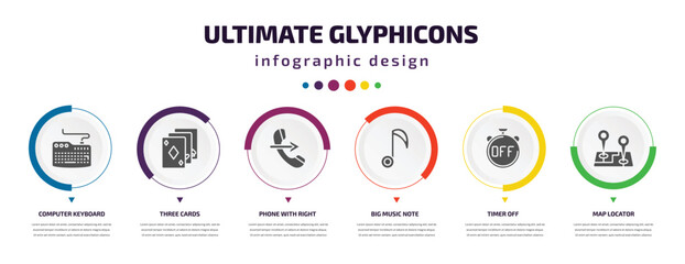 Poster - ultimate glyphicons infographic element with filled icons and 6 step or option. ultimate glyphicons icons such as computer keyboard, three cards, phone with right arrow, big music note, timer off,