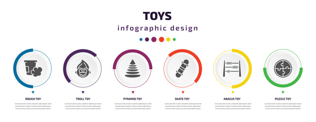 Poster - toys infographic element with filled icons and 6 step or option. toys icons such as dough toy, troll toy, pyramid toy, skate abacus puzzle vector. can be used for banner, info graph, web.