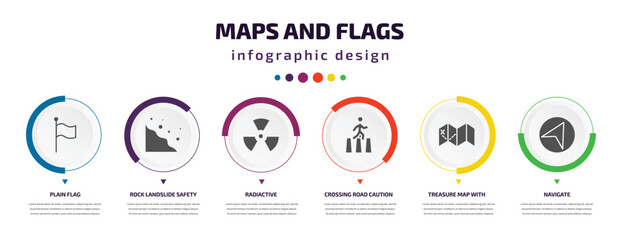 Poster - maps and flags infographic element with filled icons and 6 step or option. maps and flags icons such as plain flag, rock landslide safety, radiactive, crossing road caution, treasure map with x,